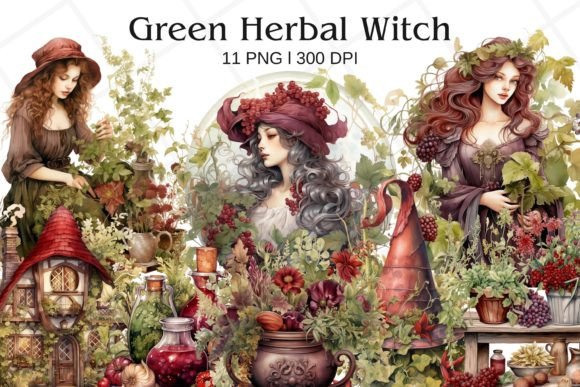 Download Green Herbal Witch Watercolor Clipart - Herbal Collection